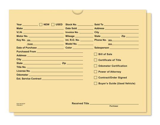 Vehicle Deal Envelopes (Deal Jackets) - Printed [Packs of 100]