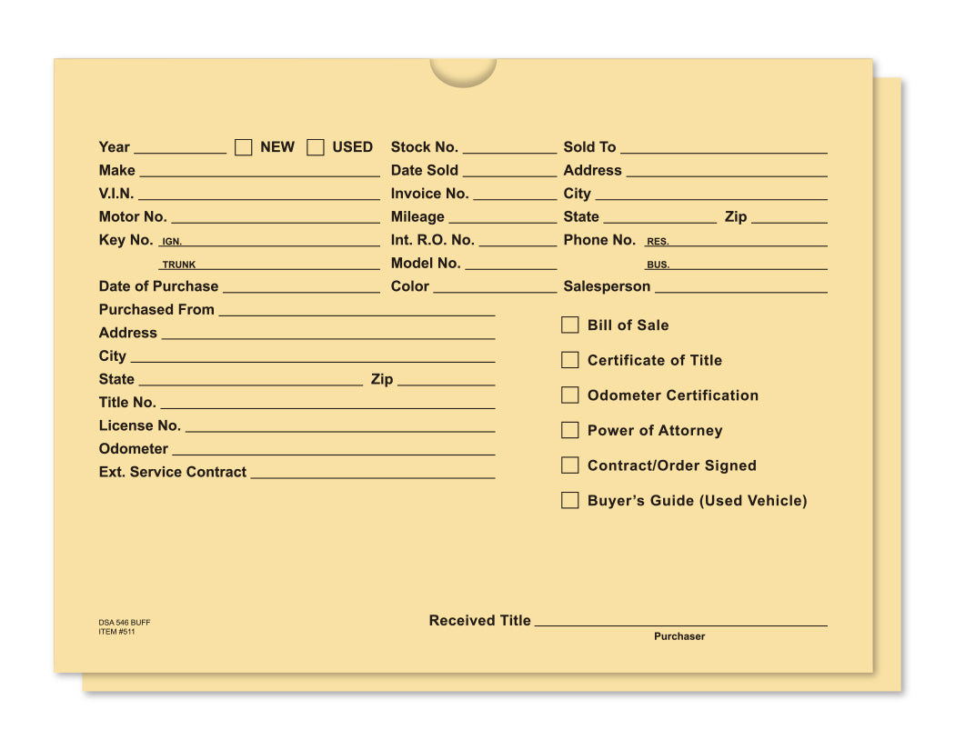 Vehicle Deal Envelopes (Deal Jackets) - Printed [Packs of 500]
