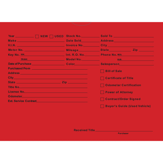 Vehicle Deal Envelopes (Deal Jackets) - Printed [Packs of 100]