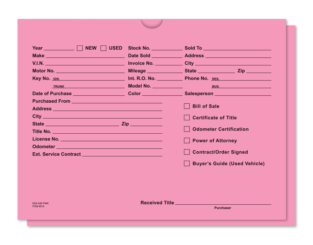 Vehicle Deal Envelopes (Deal Jackets) - Printed [Packs of 100]