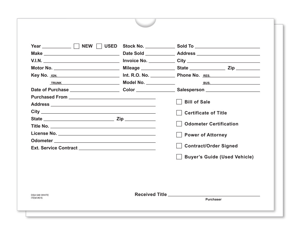 Vehicle Deal Envelopes (Deal Jackets) - Printed [Packs of 500]