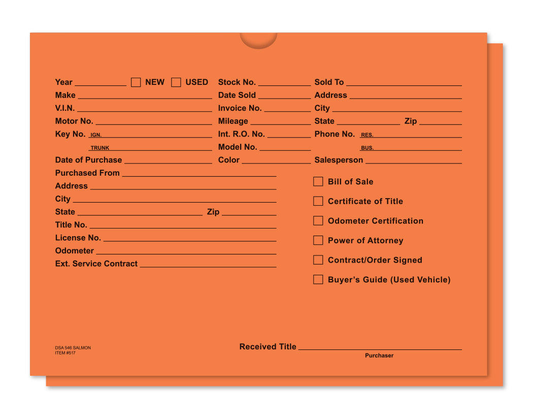 Vehicle Deal Envelopes (Deal Jackets) - Printed [Packs of 100]