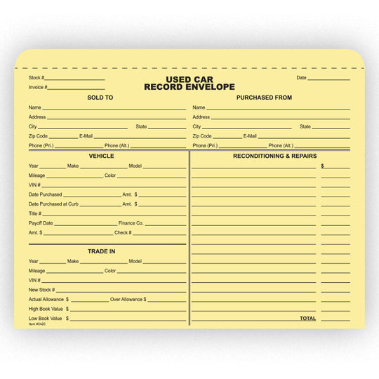 Used Car Record Envelope - Pack of 100