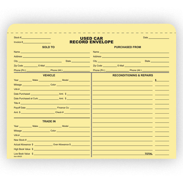 Used Car Record Envelope - Pack of 100