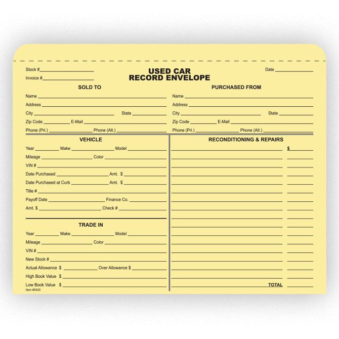 Used Car Record Envelope - Pack of 100
