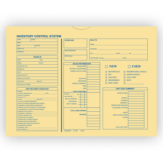 Inventory Control Deal Envelope (Motorcycle, Boat, RV) - Pack of 100