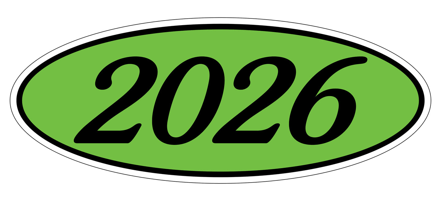Oval Year Window Sticker - 2026 BLACK on GREEN - Qty. 12