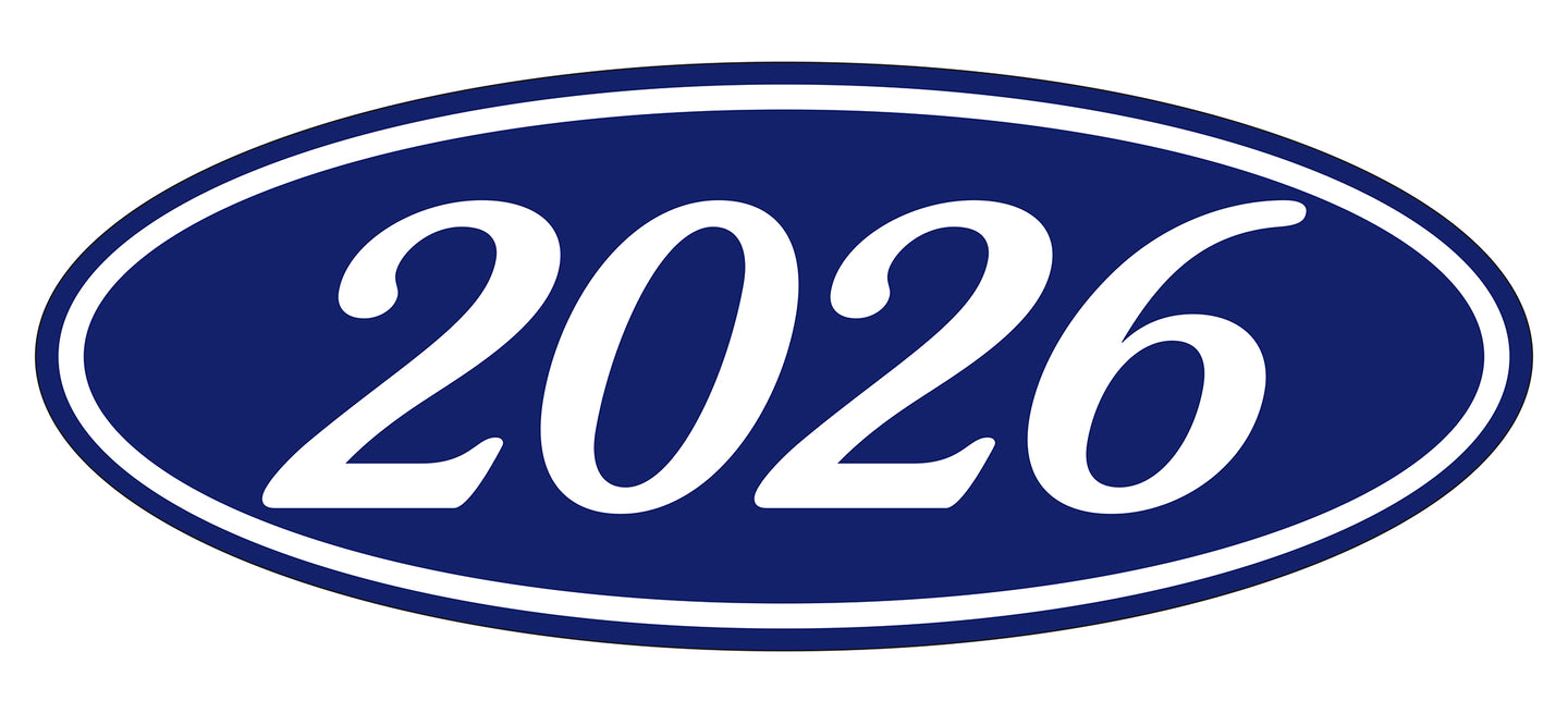 Oval Year Window Sticker - 2026 WHITE on BLUE - Qty. 12