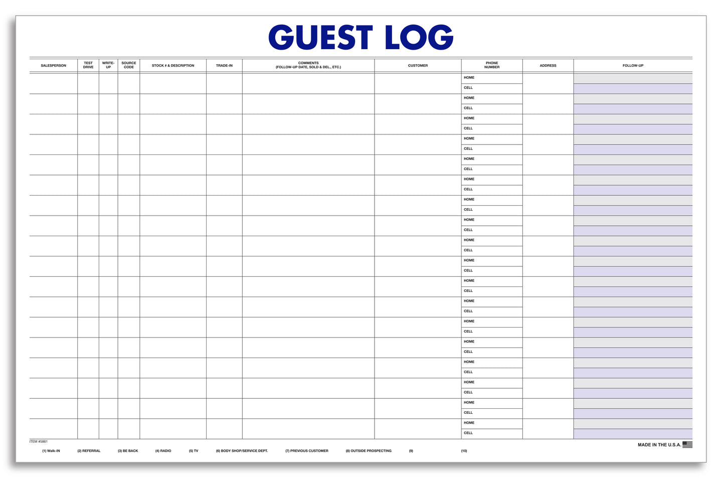 Guest Log- 100 Sheets - 11" x 17" - Qty. 1