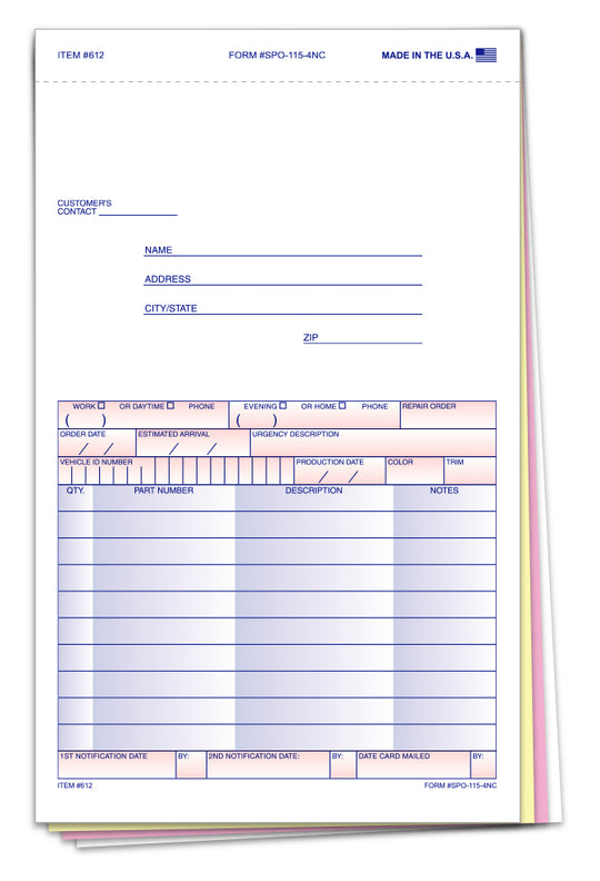Special Parts Order Forms - Form SPO-115-4NC