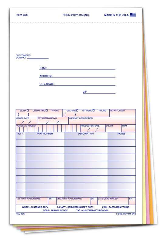 Special Parts Order Forms - Form TOY-115-5NC
