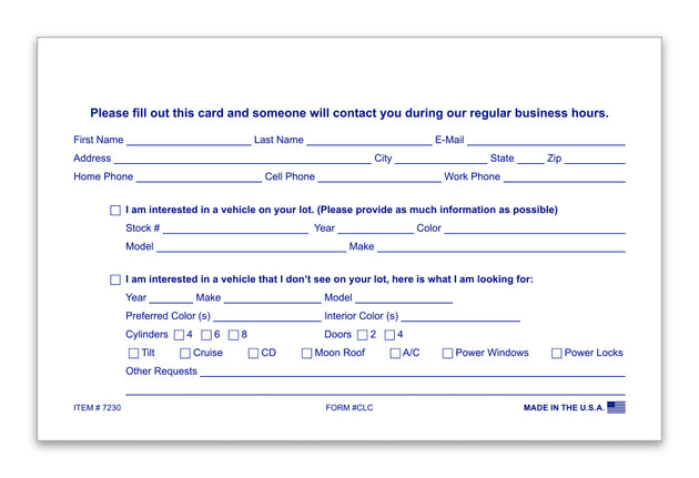 Customer Lead Cards - CLC - 5.5" x 8.5" - Qty. 100