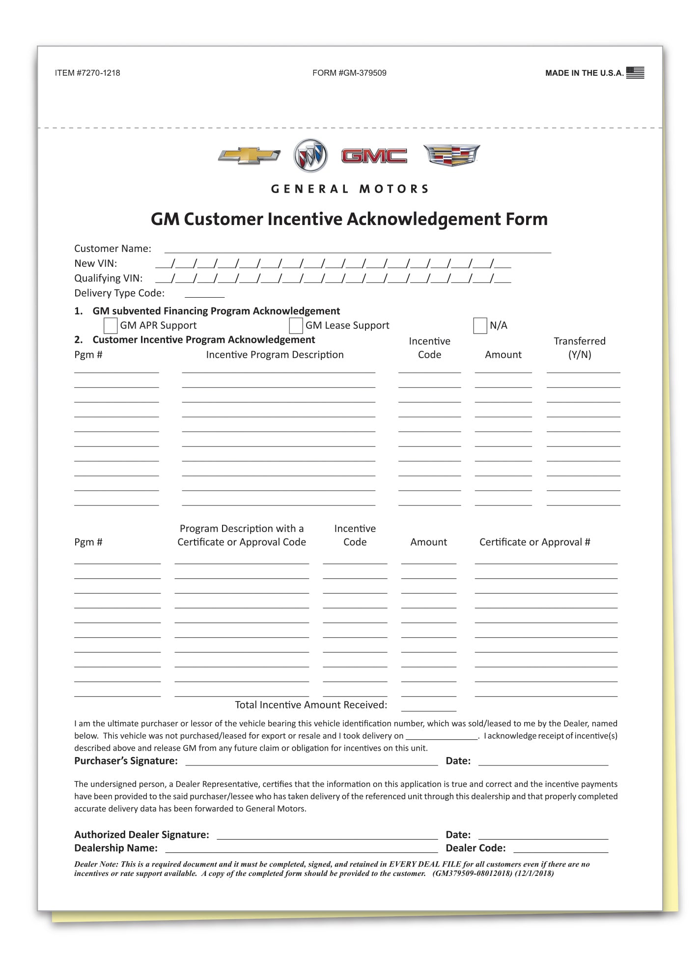 GM Customer Incentive & OnStar Acknowledgment