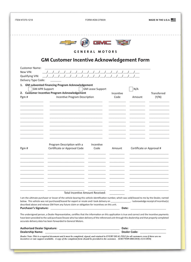 GM Customer Incentive & OnStar Acknowledgment