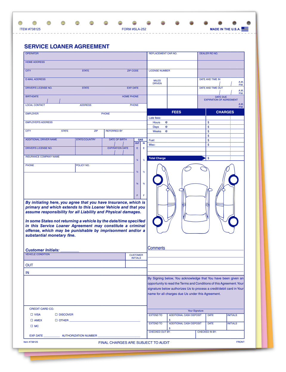 Service Loaner Agreement - SLA-252 - 4 Part - Qty. 100