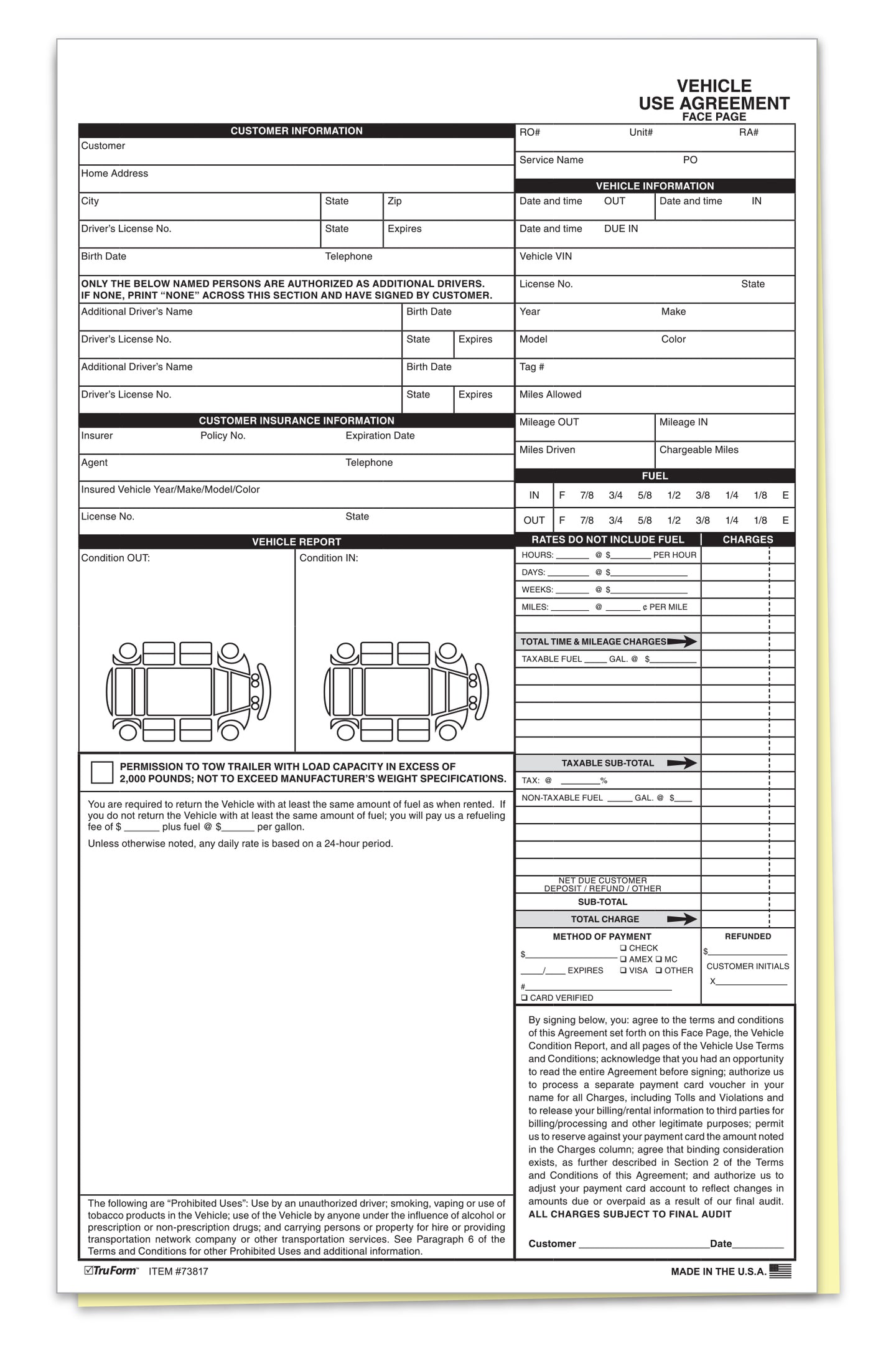 Vehicle Use Agreement - 2 Part - Qty. 100