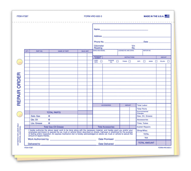 Repair Order (Form #RO-600-3)