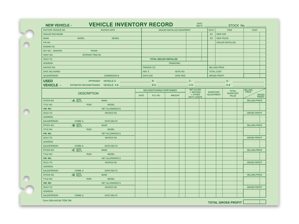 Vehicle Inventory Records - 1 sided