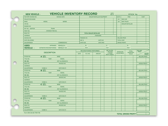 Vehicle Inventory Records - 1 sided