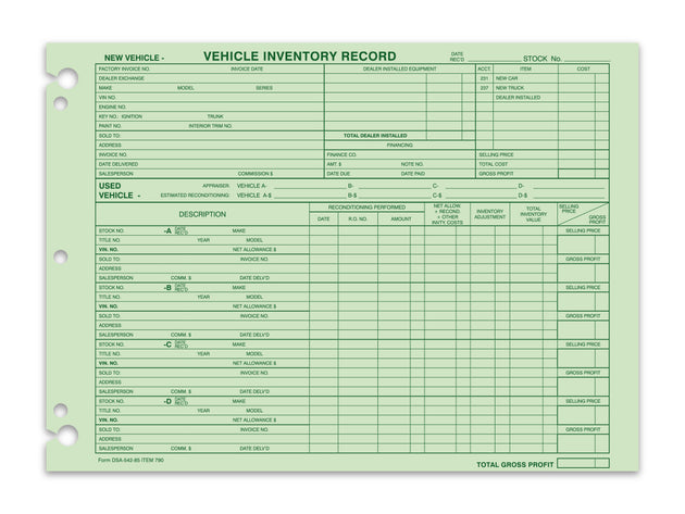 Vehicle Inventory Records - 1 sided