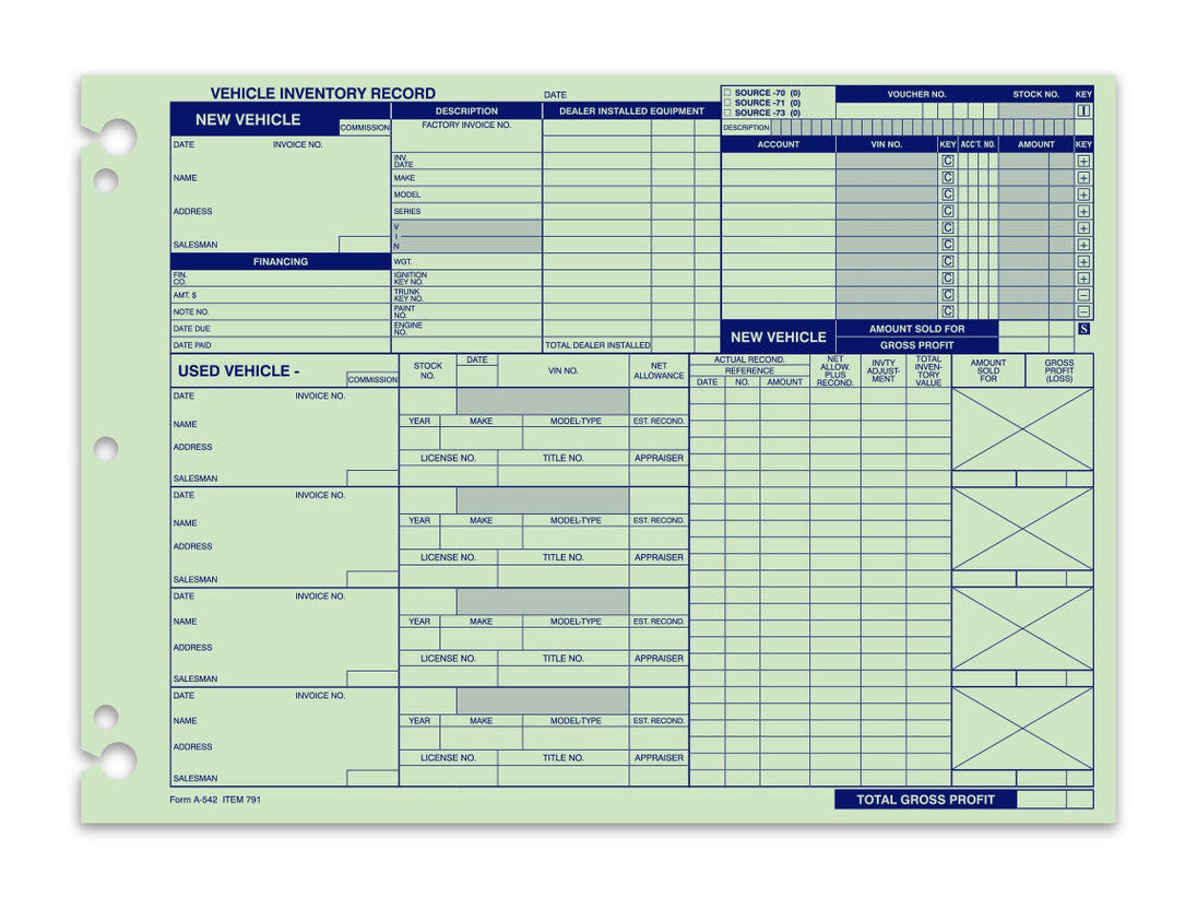 Vehicle Inventory Records - 1 sided