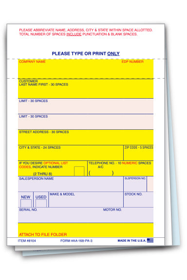 Vehicle Deal Labels (AA-168 P/A-3)