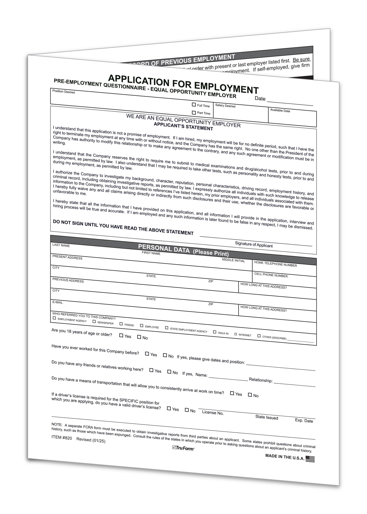 Application for Employment - EMP-1 - Qty. 50