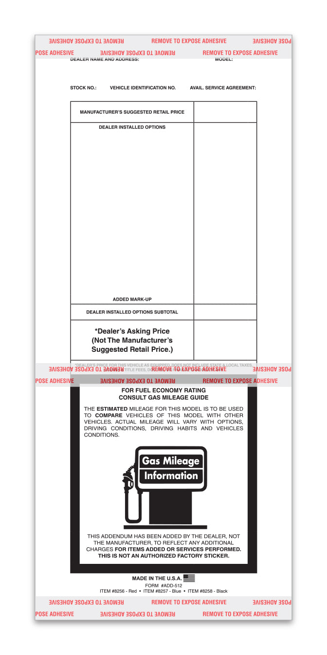 Addendum Stickers (Tape Adhesive) - Printed Stock