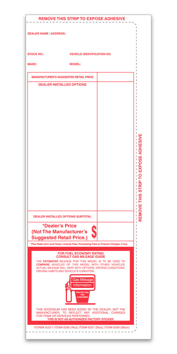 Addendum Stickers (Adhesive) - Pre-Printed Stock