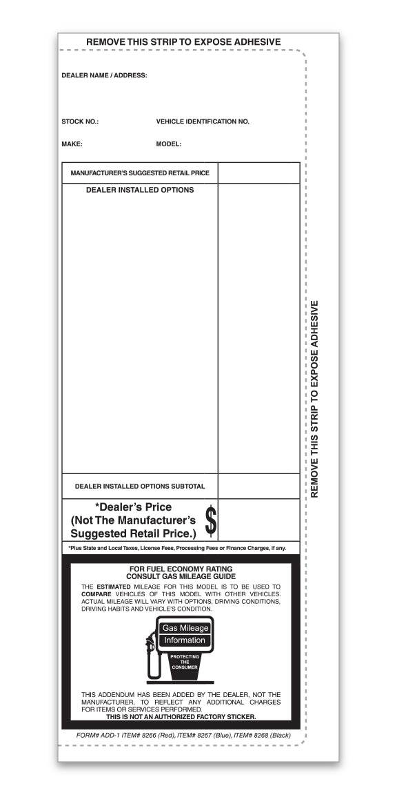 Addendum Stickers (Adhesive) - Pre-Printed Stock