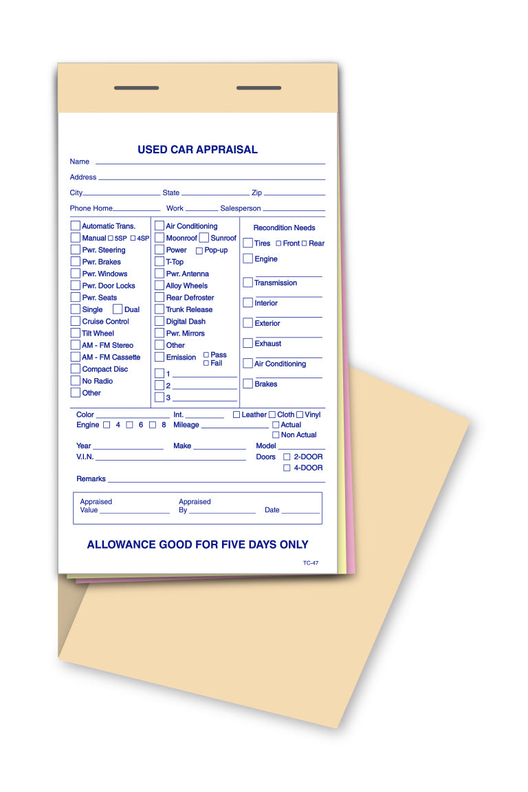 Used Vehicle Appraisal Books (3-Part, Snap-Out)
