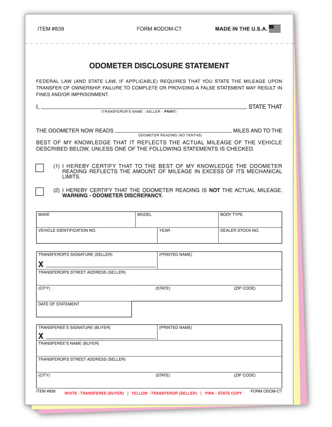 Odometer Disclosure Statement - ODOM-CT - 3 Part - Qty. 100